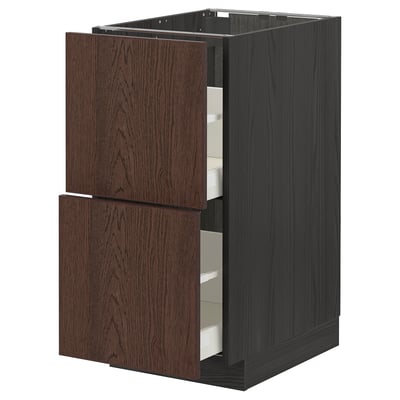 Modern dark brown kitchen cabinet with open drawers, oak veneer, wood edging, minimalist design.