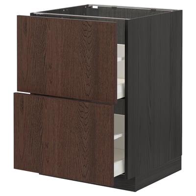 Dark brown wooden kitchen cabinet with two drawers, sleek design, sturdy and modern.