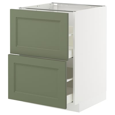 METOD kitchen cabinet in sage green with two drawers and shelves, modern design.