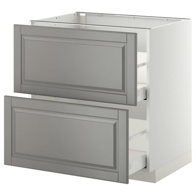 Grey and white kitchen cabinet with two drawers.