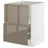 An ikea METOD kitchen unit with sleek, high-gloss dark grey-brown drawers and a white base, showcasing modern and elegant design.