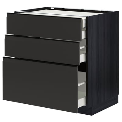 Modern black kitchen cabinet with three open drawers, sleek design, and sturdy construction.