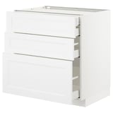 Displays the METOD kitchen cabinet in white, featuring three drawers with a clean, minimalist design.