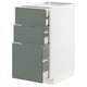 A modern white cabinet with three green-gray sliding drawers. The minimalist design fits well in contemporary kitchens.