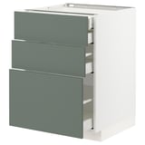 Modern METOD kitchen cabinet in grey-green, three drawers, white frame, sleek design.