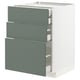 Modern METOD kitchen cabinet in grey-green, three drawers, white frame, sleek design.