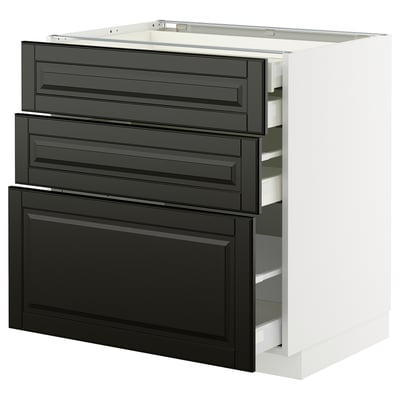 METOD kitchen unit with three black beveled drawers. White frame.