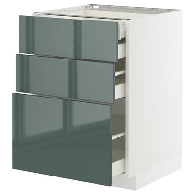 A high-gloss grey-green METOD kitchen cabinet with three pull-out drawers and a rectangular shape. The fronts are smooth and modern.