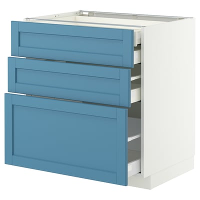 A blue METOD kitchen cabinet with three drawers. The cabinet a sturdy frame and smooth-running drawers.