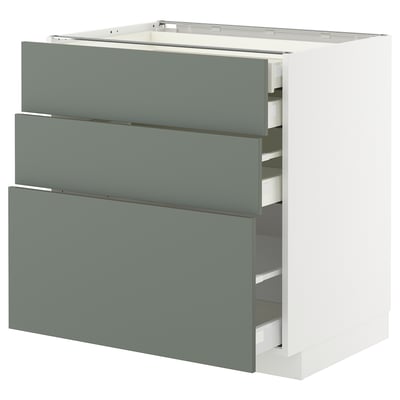 A grey-green modern cabinet from ikeas METOD kitchen system. It has three self-closing drawers and a sleek design.