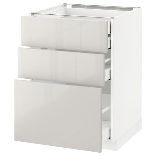 Modern white kitchen cabinet with three drawers, glossy finish, sturdy frame.
