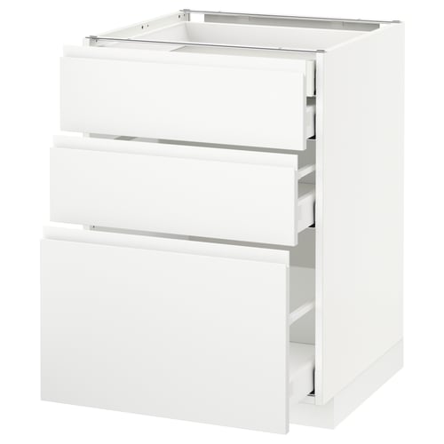 METOD white kitchen cabinet with three drawers and soft-close mechanism.