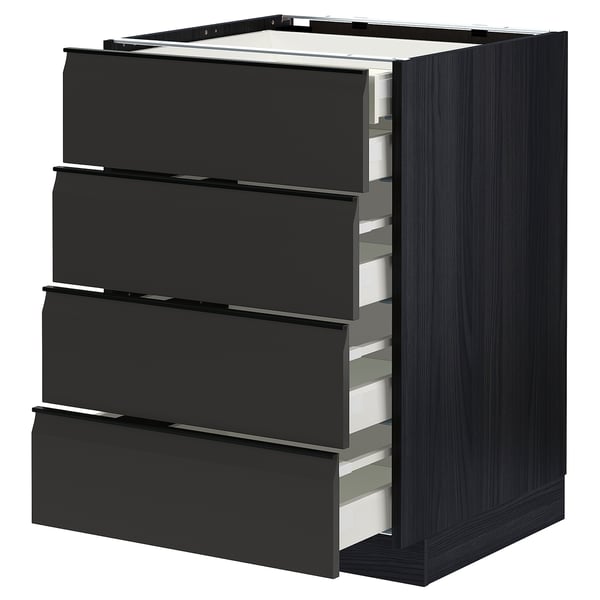 Black kitchen cabinet with four matte drawers, sleek handles, square shape, modern design.