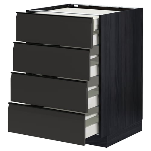Black kitchen cabinet with four matte drawers, sleek handles, square shape, modern design.