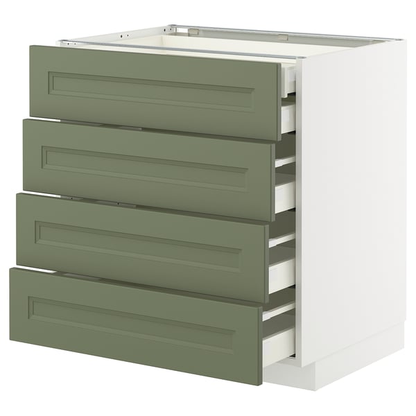 METOD kitchen unit with 4 green drawers, modern design, sturdy drawer runners, soft close feature.