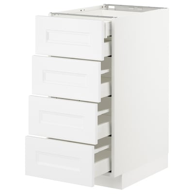 A white METOD kitchen cabinet with multiple drawers.