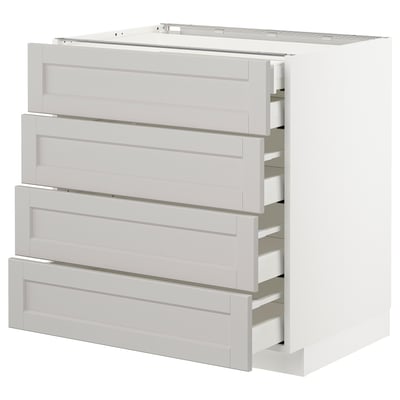 METOD kitchen unit in light grey with four open drawers, smooth drawer runners, beveled edges, and a sturdy frame.