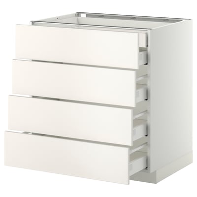 White METOD kitchen cabinet, four drawers, modern minimalist design.