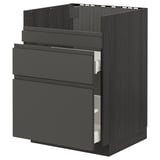 Dark gray modern kitchen cabinet; sleek design with integrated handles, featuring multiple drawers, and sturdy frame.