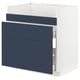 Blue kitchen cabinet with 2 drawers, white frame. Modern, sturdy design.