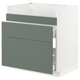 Modern kitchen unit, grey-green, flat drawer fronts, vertical square design.