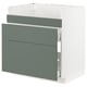 Modern kitchen unit, grey-green, flat drawer fronts, vertical square design.