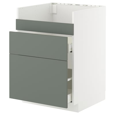 Modern grey-green kitchen cabinet with soft-close drawers.