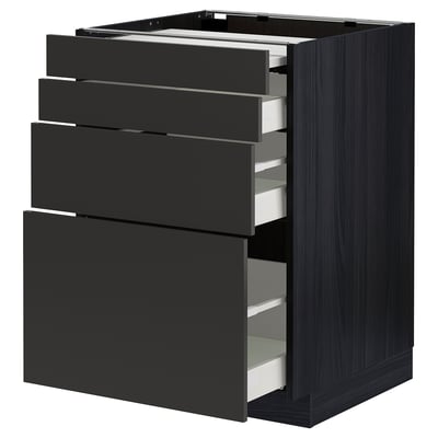 Modern black kitchen cabinet set with multiple drawers, sleek design, durable particleboard material.