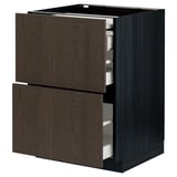 Modern dark brown kitchen cabinet with two open drawers, wooden edges, metal runners.