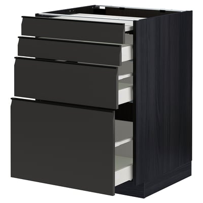 Modern black kitchen unit with four drawers, sleek design.