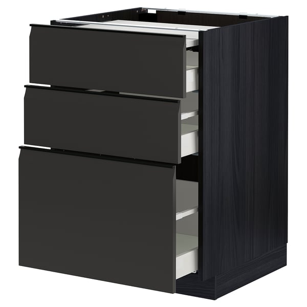 Black METOD kitchen unit, featuring three drawers with minimalist handles and smooth edges.