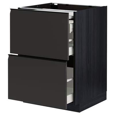 Black modern kitchen cabinet with open drawers, featuring sleek design and sturdy construction.