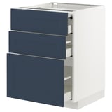 Modular kitchen unit, white base, three blue drawers, sleek design with modern appeal.