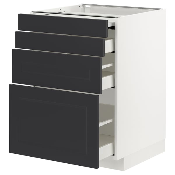 This image shows a white and black kitchen cabinet unit with multiple drawers, featuring a sleek and modern design with a sturdy frame.