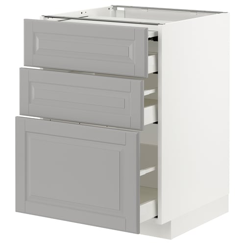 A white and grey METOD kitchen cabinet with three pull-out drawers in a soft grey colour, featuring bevelled edges and a traditional design.