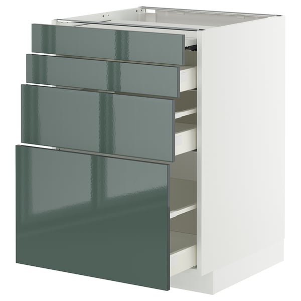 Modern grey-green kitchen drawer unit with high-gloss finish. Multiple pull-out drawers.