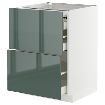 Modern kitchen cabinet with high-gloss grey-green drawers. Sleek, rectangular design with two drawers pulled out.