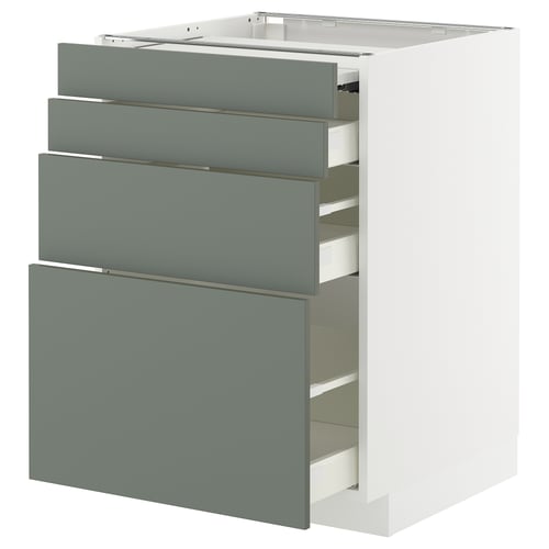 A METOD kitchen unit with four grey-green drawers. The unit a white frame and a sleek, modern design.