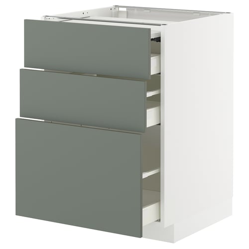 METOD kitchen unit with 3 grey-green drawers, modern, soft-close drawers.