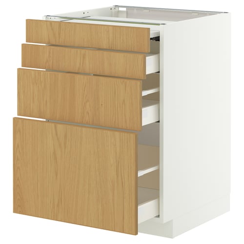 A white METOD cabinet with three light oak drawers. The design is modern and minimalistic.
