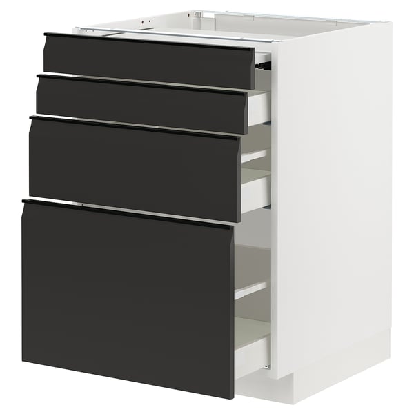 Modern black & white kitchen unit with four sleek drawers.