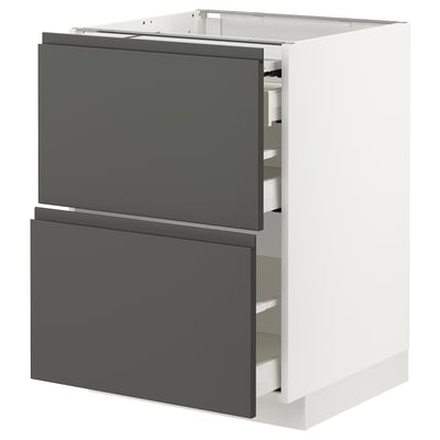 A modern kitchen unit with two grey drawers and two shelves, part of the METOD system.
