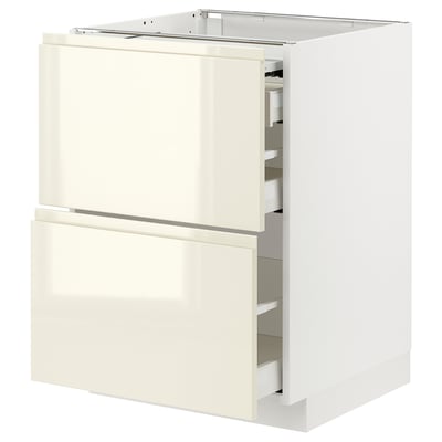 Depicts a white kitchen cabinet unit with two drawers and a pull-out work surface, featuring a sleek high-gloss beige finish.