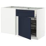 Modern kitchen unit, white with blue drawer & door. Corner base design, pull-out shelf, sturdy frame.