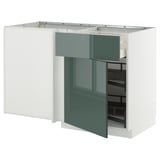 Modern kitchen cabinet, white with teal door, sleek design, metal hardware, openable door, corner pull-out.