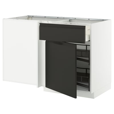 Black and white modern kitchen cabinet, glossy finish with open storage.
