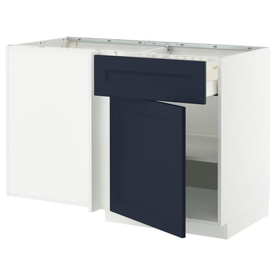 Modern kitchen unit: white & blue, rectangular, with open shelves.