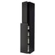 Modern black kitchen cabinet with multiple shelves and drawers, featuring sleek handles and a tall, rectangular shape.