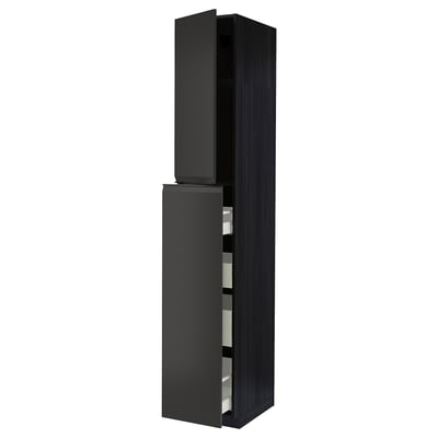 Modern black kitchen cabinet with multiple shelves and drawers, featuring sleek handles and a tall, rectangular shape.
