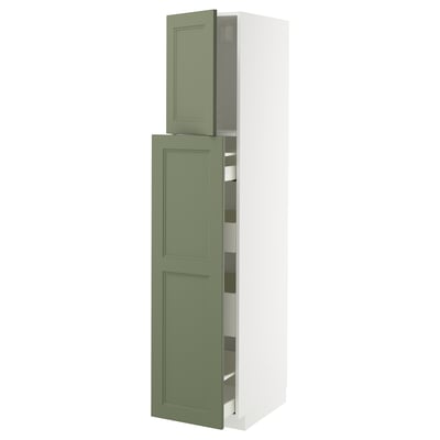 Green METOD kitchen cabinet with pull-out shelves.